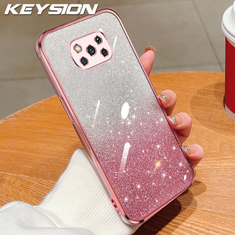 

KEYSION Luxury Plating Glitter Phone Case for Xiaomi POCO X3 NFC Transparent Soft TPU Shockproof Back Cover for POCO X3 Pro for POCO X3 NFC розовый