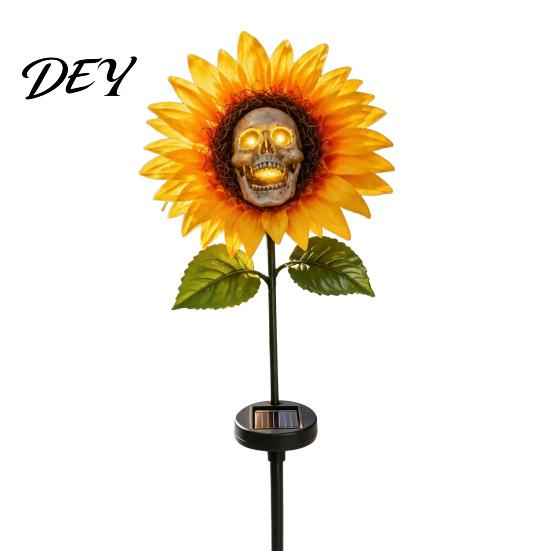 Outdoor Landscaping for Halloween Party Solar Garden Stake Light, Gothic Skull And Sunflower Statue Lamp, Creative Resin Floral Landscape Lights 1pc