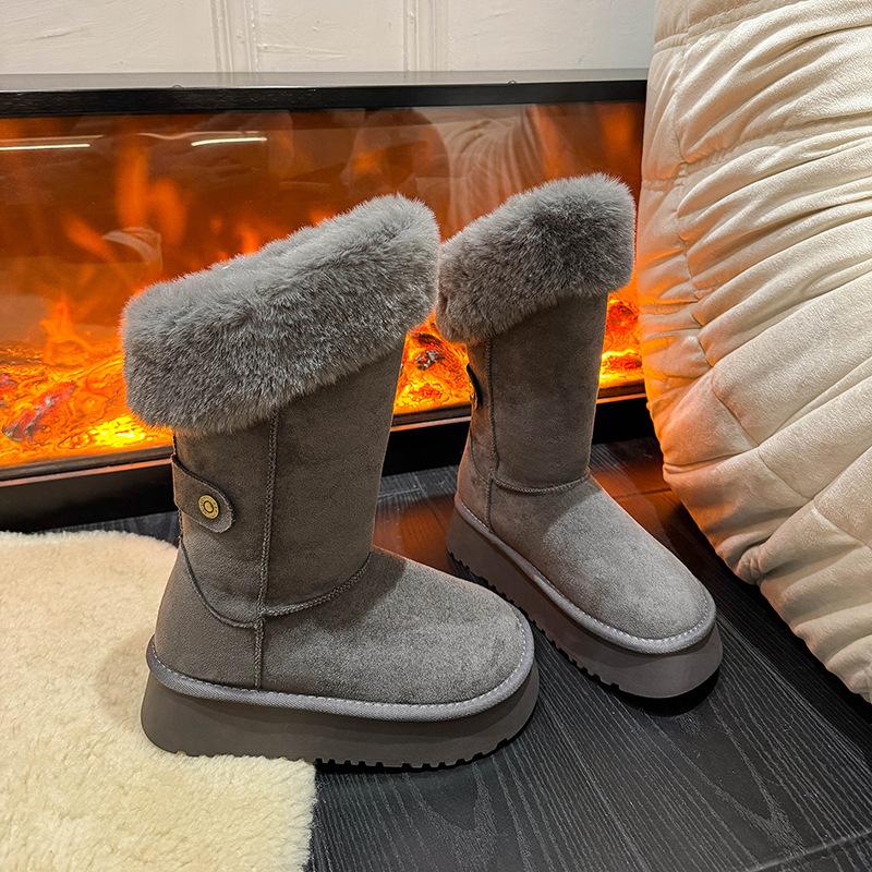 Thick-soled medium tube fluffy snow boots winter new piled thickened non-slip warm boots cotton boots