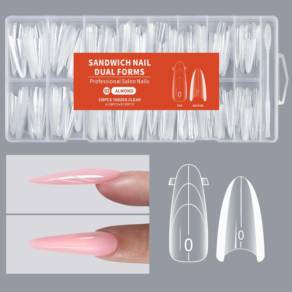 256Pcs/Box Nail Sandwich Dual Form Nail Tips Quickly Building Gel Form Nail System Full Cover Tips Nail Extension Form