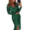 New Women's Shiny Gold Foil Print Long Sleeve V-neck Sexy Evening Party Dress