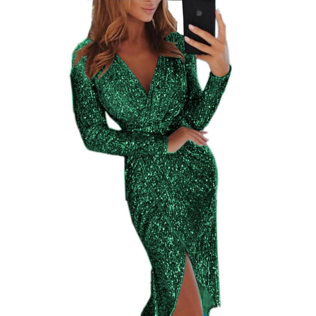 New Women's Shiny Gold Foil Print Long Sleeve V-neck Sexy Evening Party Dress