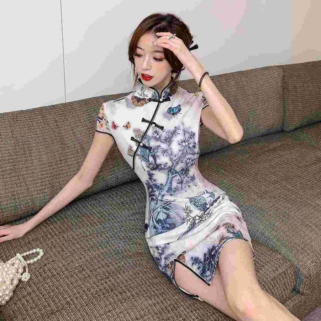 Youthful Petite Cheongsam: Mid-length Summer Ink Painting Bodycon Dress