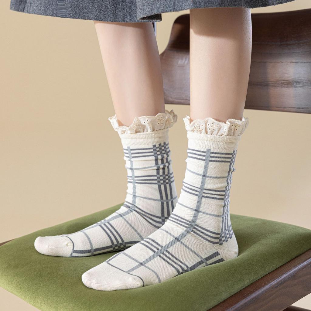 Early Autumn Polka Dot Bow Socks Medium Tube Socks Ballet Lace Medium Tube Socks