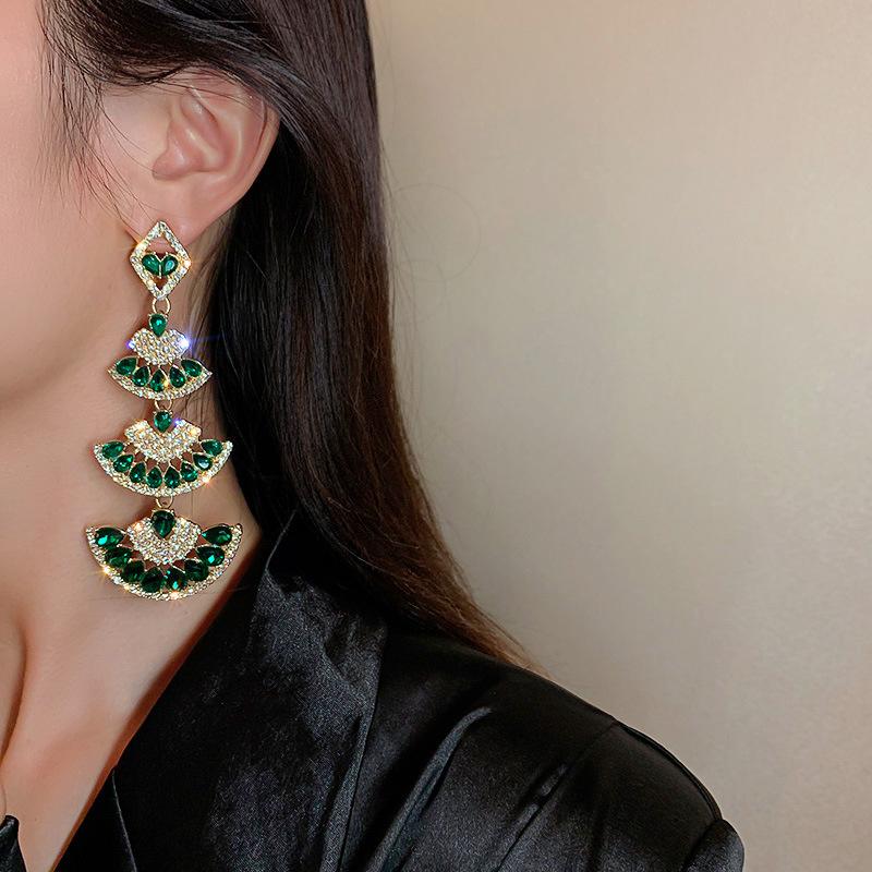 Vintage Green Crystal Drop Earrings for Women Oversize Long Sector Geometric Dangle Earrings Statement Zircon