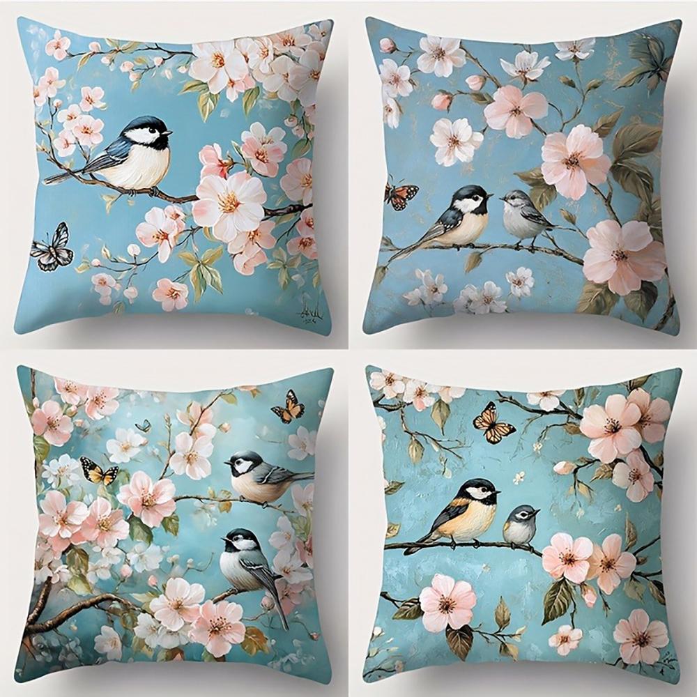 Spring Elements, Birds, Flowers, Branches Pattern Pillowcasebedroom Sofa Decorative Cushion Cover With Zipper Soft Cushion Cover