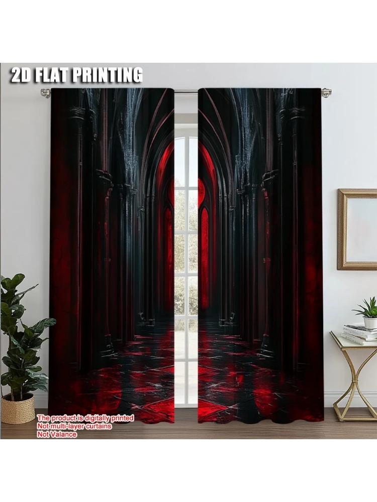 

2pcs Fashionable Curtains print Gothic Archway Black and Red Machine Washable (without rod) Thermal Insulation and Room 100*130 Rod Pocket 1pcs