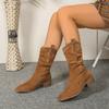 2025 Winter New Suede British Style Mid-Top Boots Women's Plus Size Pleated Pointed Stack Boots