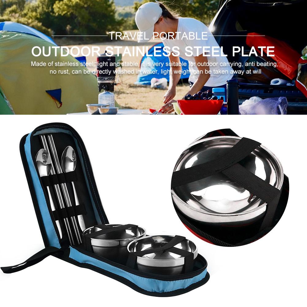 Camping Cutlery Set Stainless Steel Spoons Chopsticks Bowl Containers Non-Stick Travel Cutlery Bag for Outdoor Travel Picnic
