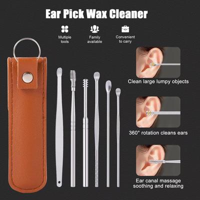 KLIFFOO 6 In 1 Ear Wax Removal Cleaning Tool for Adults & Kids, Reusable Earwax Cleaner with Leather Pouch, Stainless Steel Ear Pick Curette and E