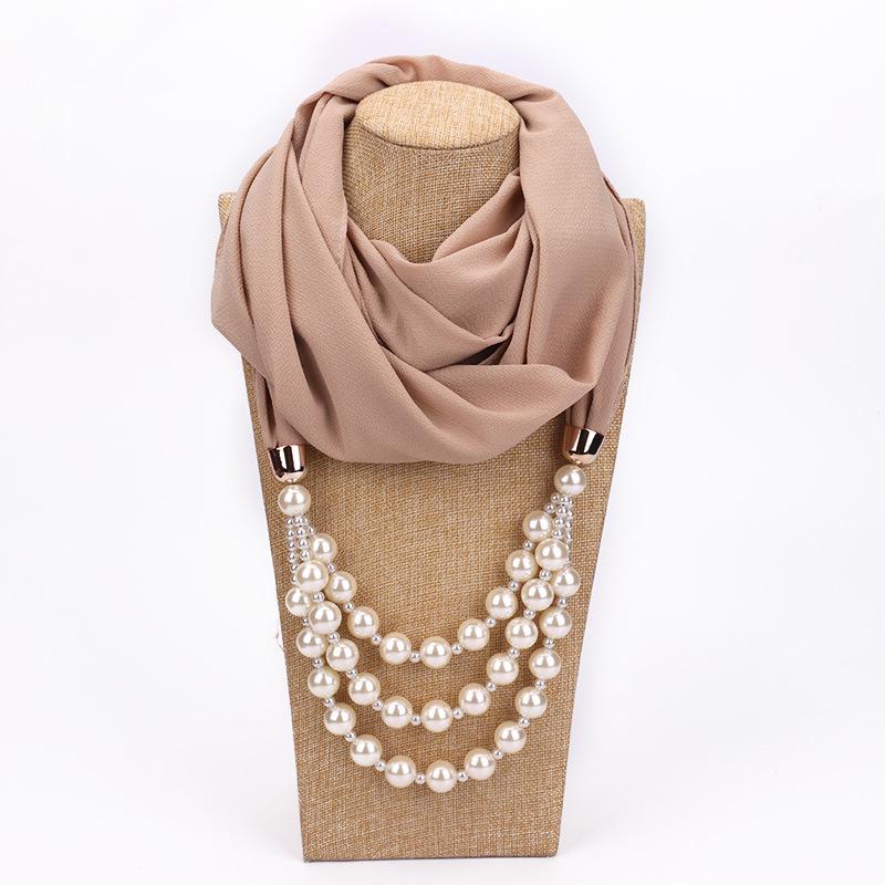 Elegant Chiffon Scarf Necklace with Double Layer Pearl Beads – Classic Women’s Fashion Accessory for Everyday & Formal Wear