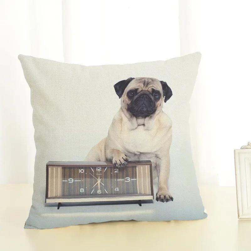 Funny Cartoon Pug Dog Printed Cushion Cover Linen Pug Dog Food Decorative Pillowcase Sofa Party Home Decor Sofa 45X45Cm