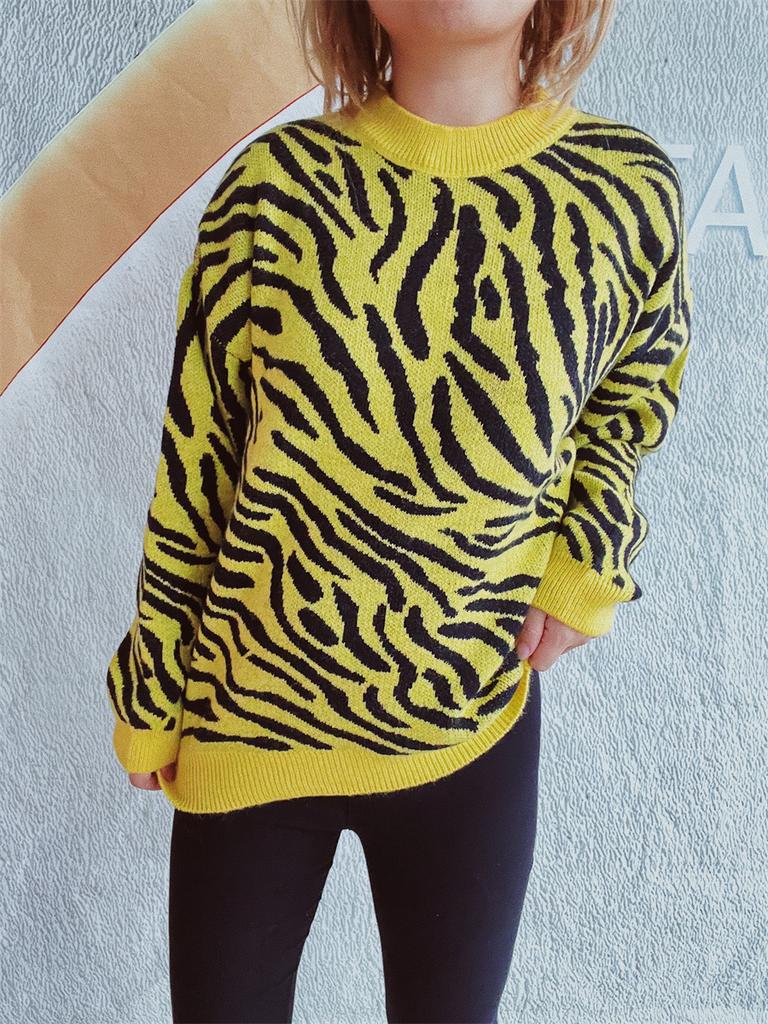 Women's new autumn and winter commuting knitted zebra print contrasting pullover sweater KTB