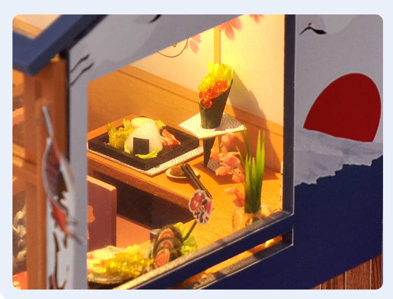 DIY Wooden Dollhouse Miniature House Sushi Restaurant Handmade Kit Set for Japanese Style Miniature Collection Kit Dollhouse with LED Lights