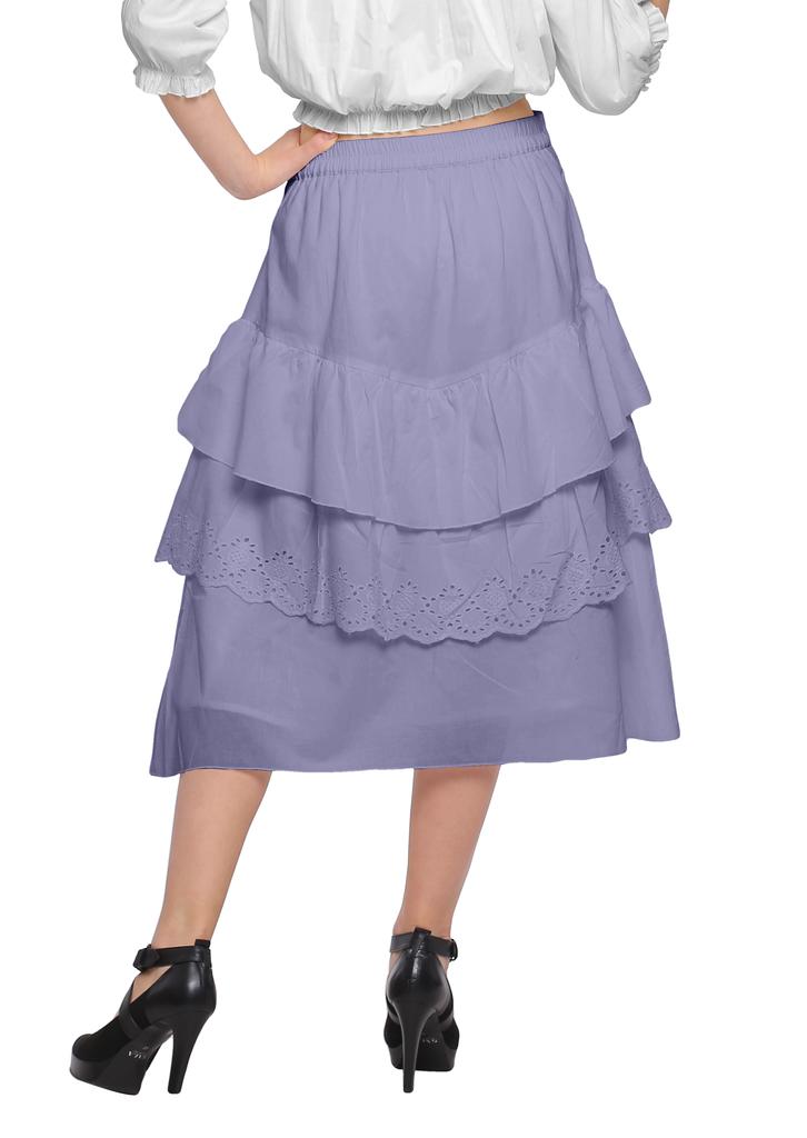 Moomaya Solid Cotton Skirts For Women Knee Length With Lace Belt Ruffle