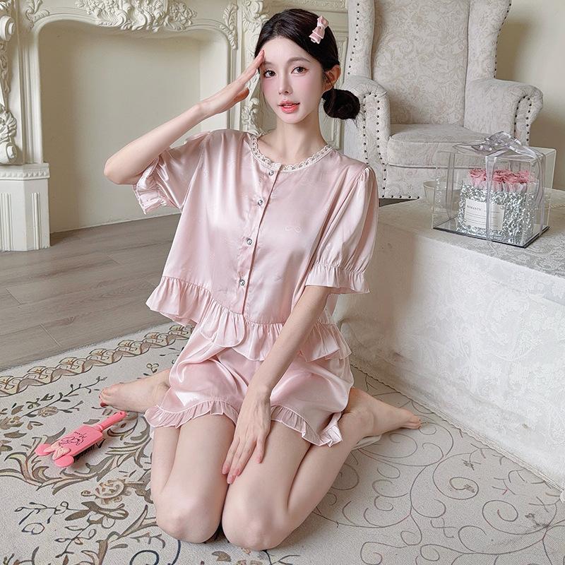 Pajamas Women's Short-sleeved Shorts Set Summer New Women's Pajamas Korean Version Lace Round Neck Fresh and Breathable Loungewear
