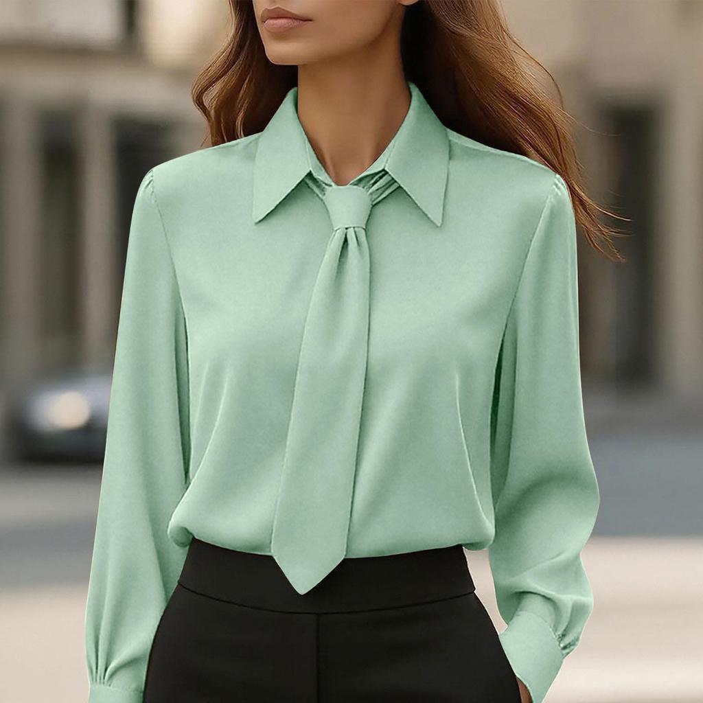 Women's Fashion -Color Button-Down Tie-Front Long-Sleeve Shirt Loose-Fit Top