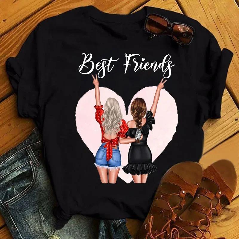 Summer Fashion Best Friends T-Shirt Short Sleeve Graphic Tees for Ladies Good Friend Bestie Sister Outfit Polyester Fabric