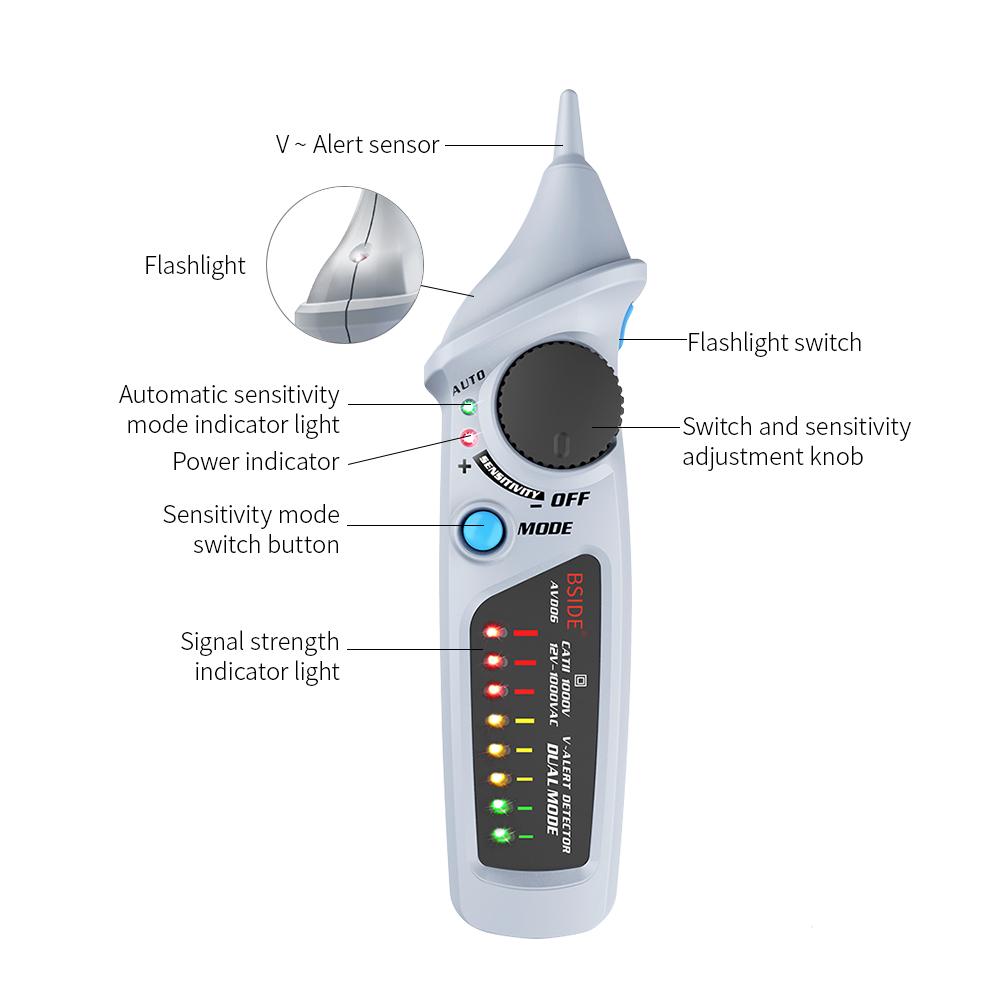 BSIDE Non contact AC Voltage Tester Pen Shaped V Alert Detector Auto Manual Dual Mode NCV Tester Live Wire Check with