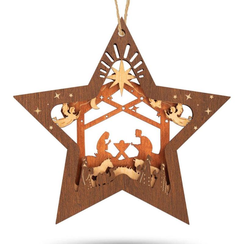 Merry Christmas Tree Nativity Scene Ornaments Happy New Year Decor Wood Hung Crafts Pendants Home Unique Window Decoration Gifts