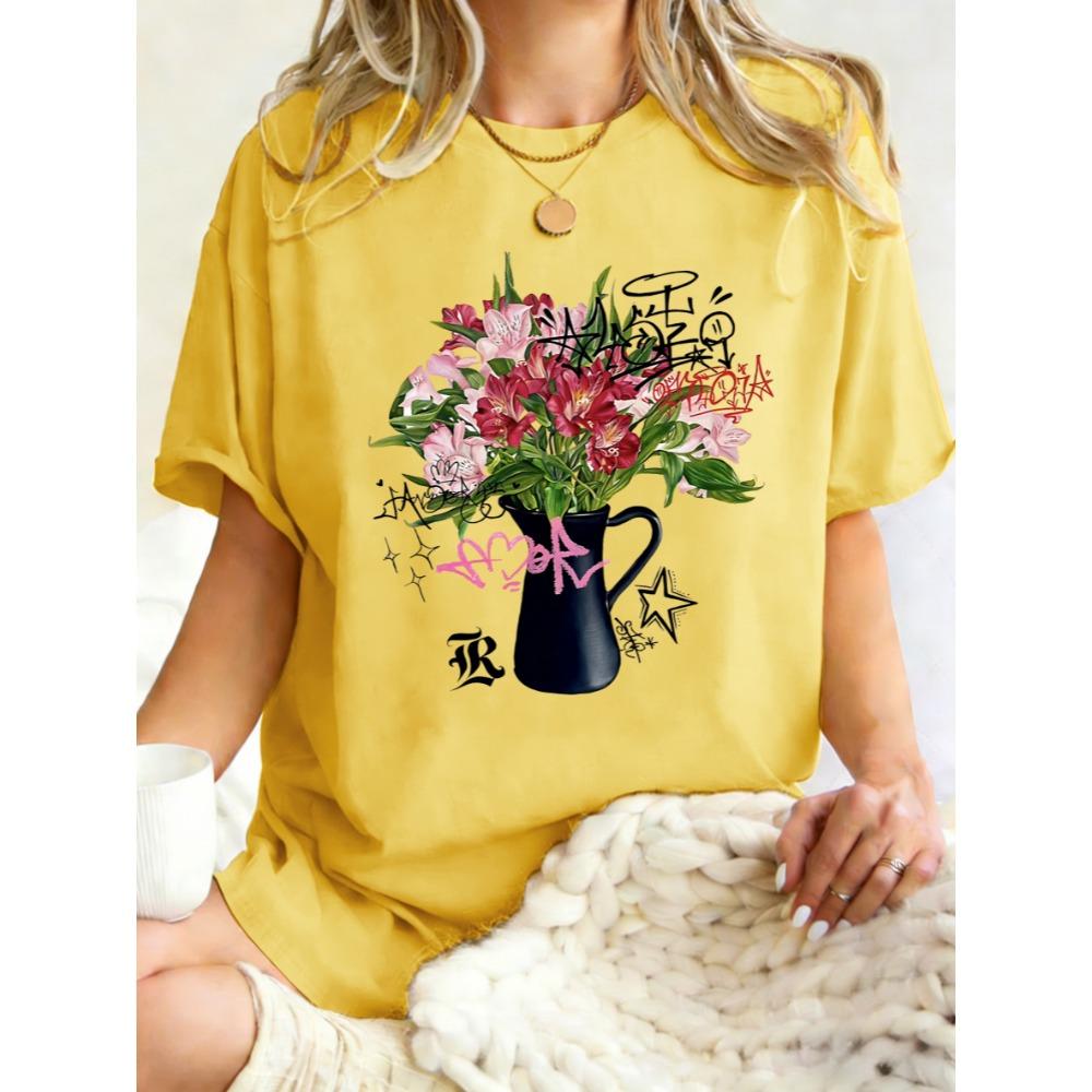 Schöne Blumen Stern Liebe Drucke T-Shirt Damen Baumwolle Rundhals T-Shirts Sommer Oversized Kleidung Lässig Kurzarm