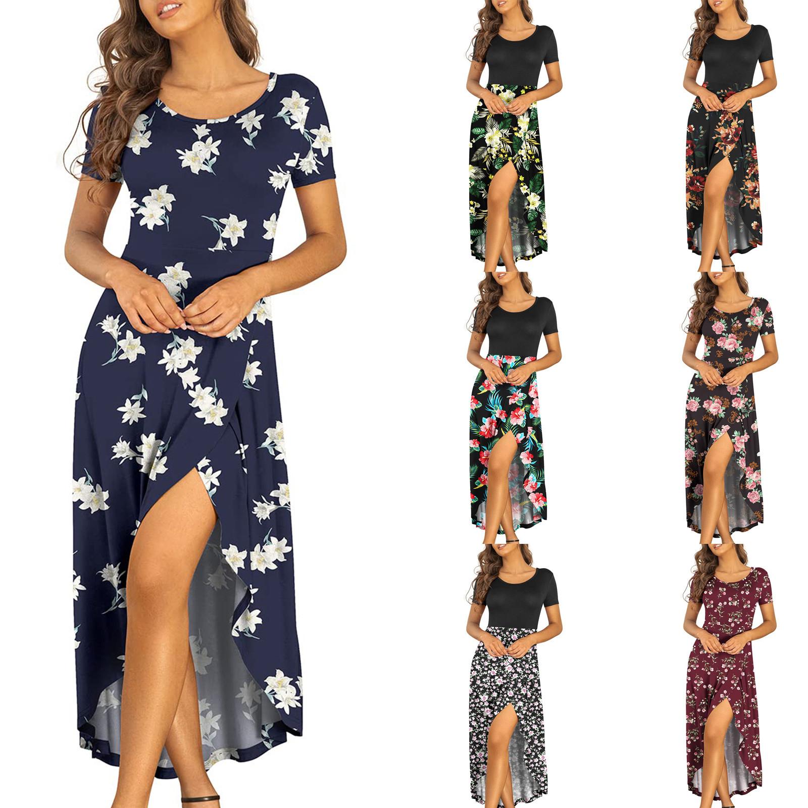 

Women s Summer Casual Print Short-sleeve O-neck Waist Irregular Hem Split Dress