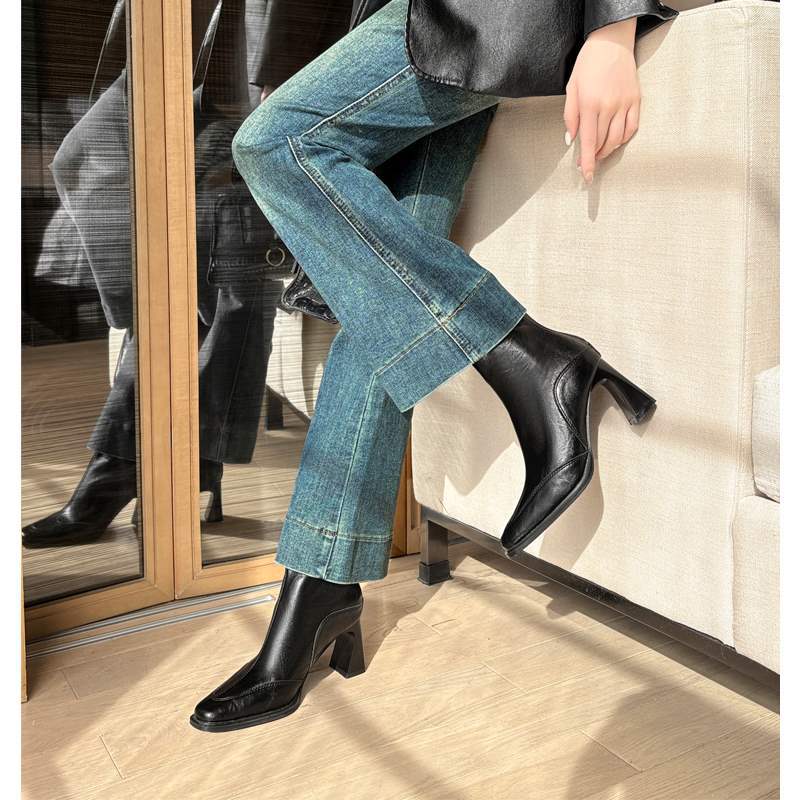 Korean version of high heel 7cm square head thin boots short boots women's thick heel retro Martin boots British style short single boots