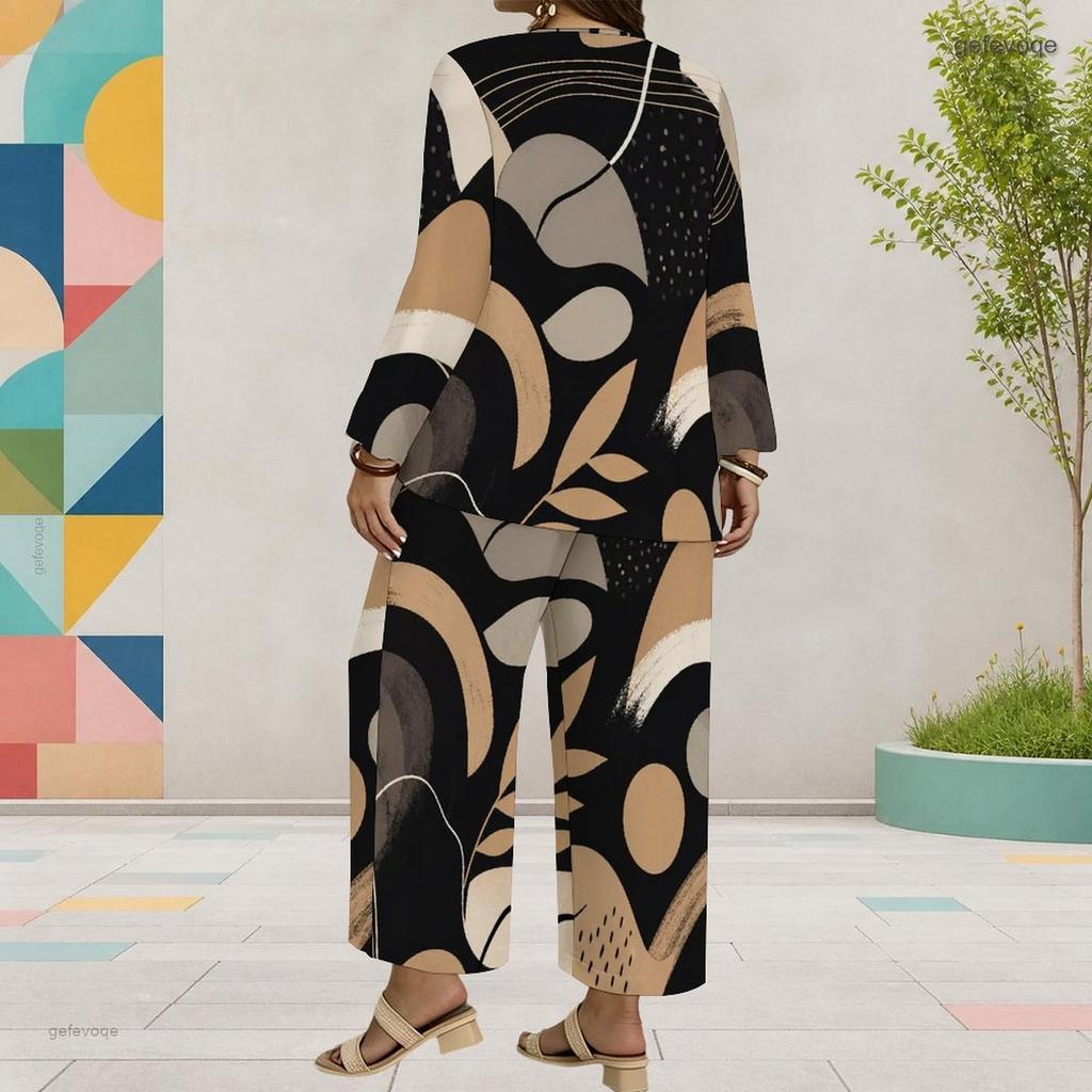 Women Plus Size Round Neck Long Sleeve Printed Layered Top Wide Leg Cropped Pants Two Piece Set