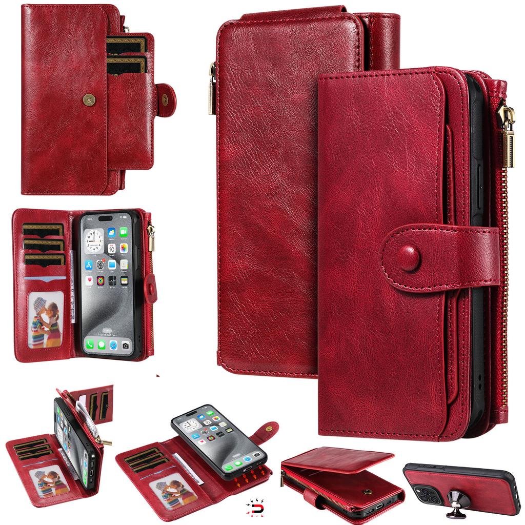For iPhone 16 Pro Max Magnetic Case Detachable PU Leather Zipper Wallet Cover