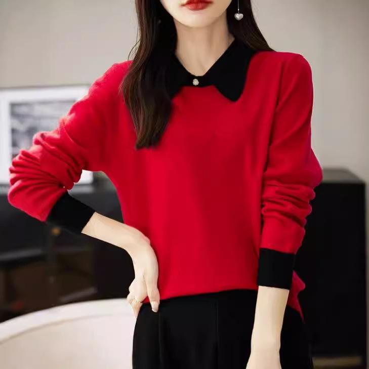 Lapel Contrast Color Pullover Sweater for Women Autumn and Winter Loose Color Block Knitted Bottoming Shirt with Top