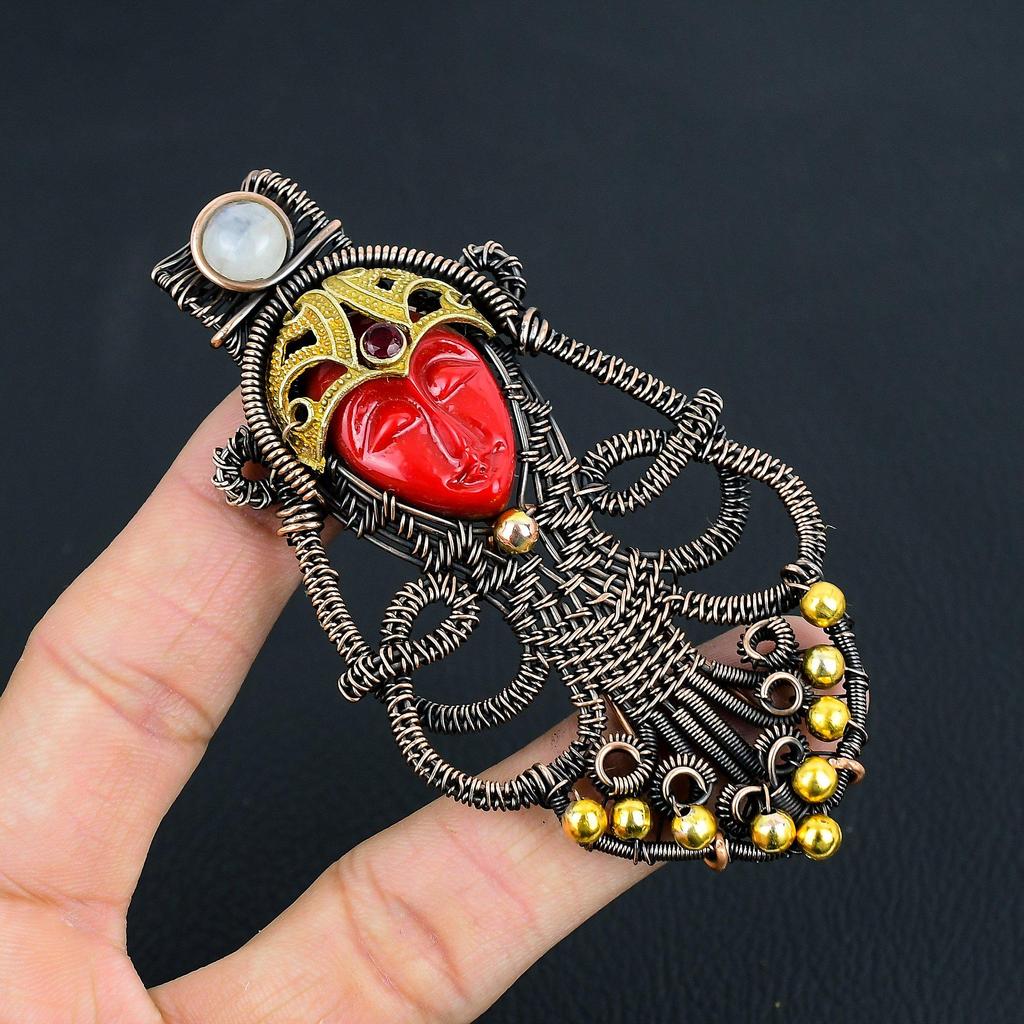 Carved Red Face & Moonstone Jewelry, 999 Copper Wire Wrapped Pendant Handmade Gemstone Jewelry, Gifts For Wife Brand New Pendant