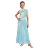 Girls Modern Dance Costume Mock Neck Sleeveless Back Invisible Zipper Ruched Mesh Overlay Bodice Side Split Dress