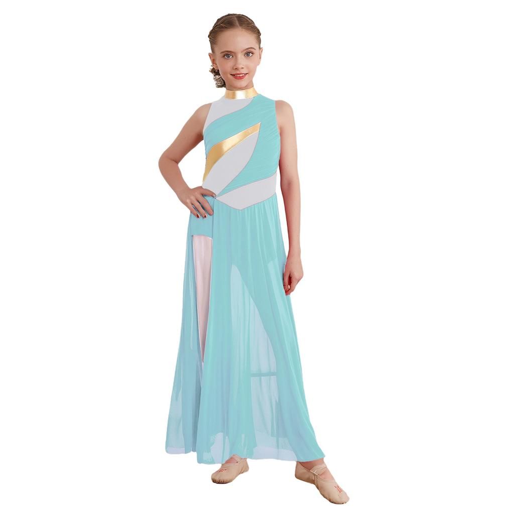 Girls Modern Dance Costume Mock Neck Sleeveless Back Invisible Zipper Ruched Mesh Overlay Bodice Side Split Dress