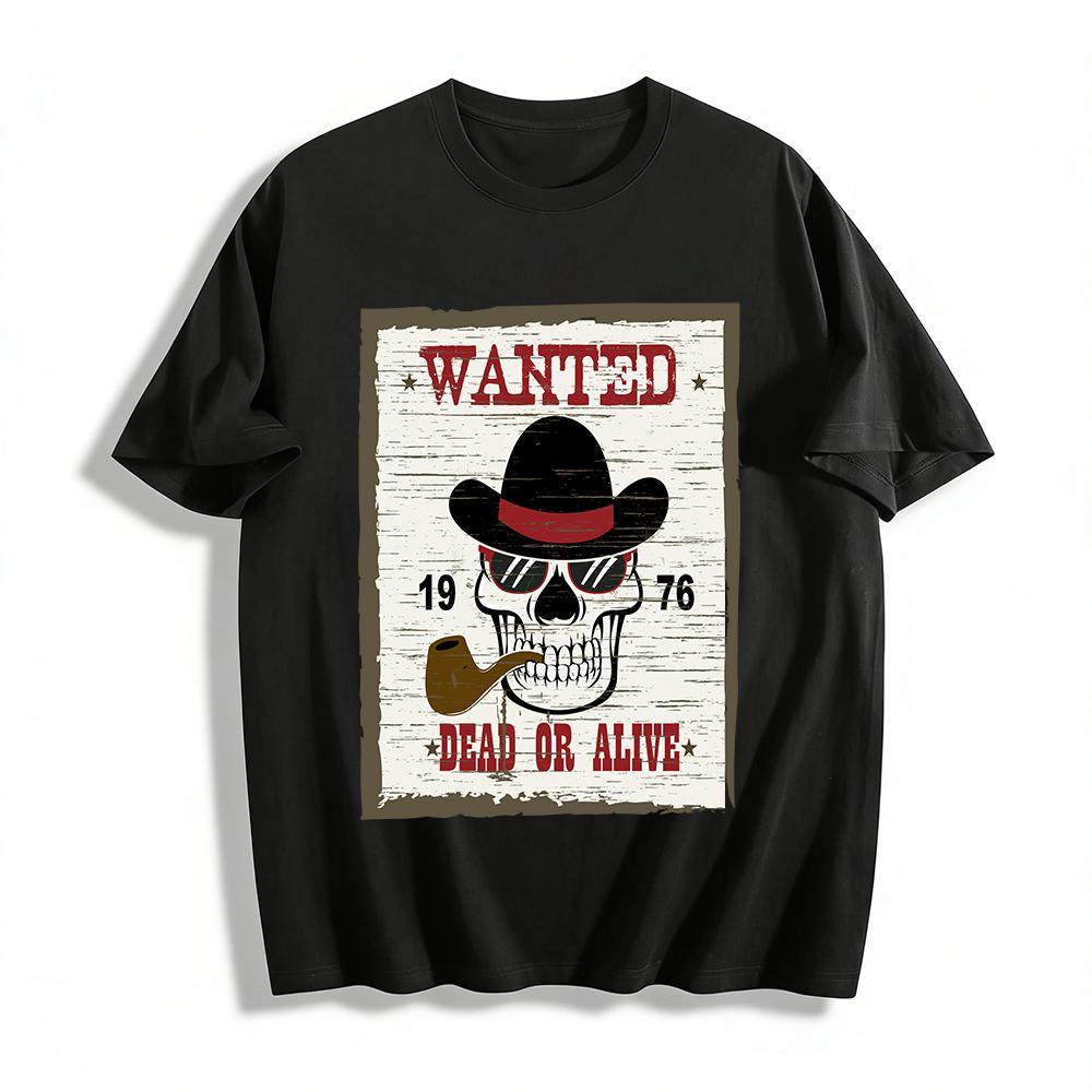 Vintage Western Wanted Skull Print Tee Cool American Street Style Top Pure cotton T-shirt XXS