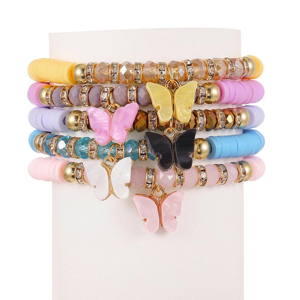 Popular, ethnic style colored butterfly flower pendant bracelet, bohemian soft pottery bracelet
