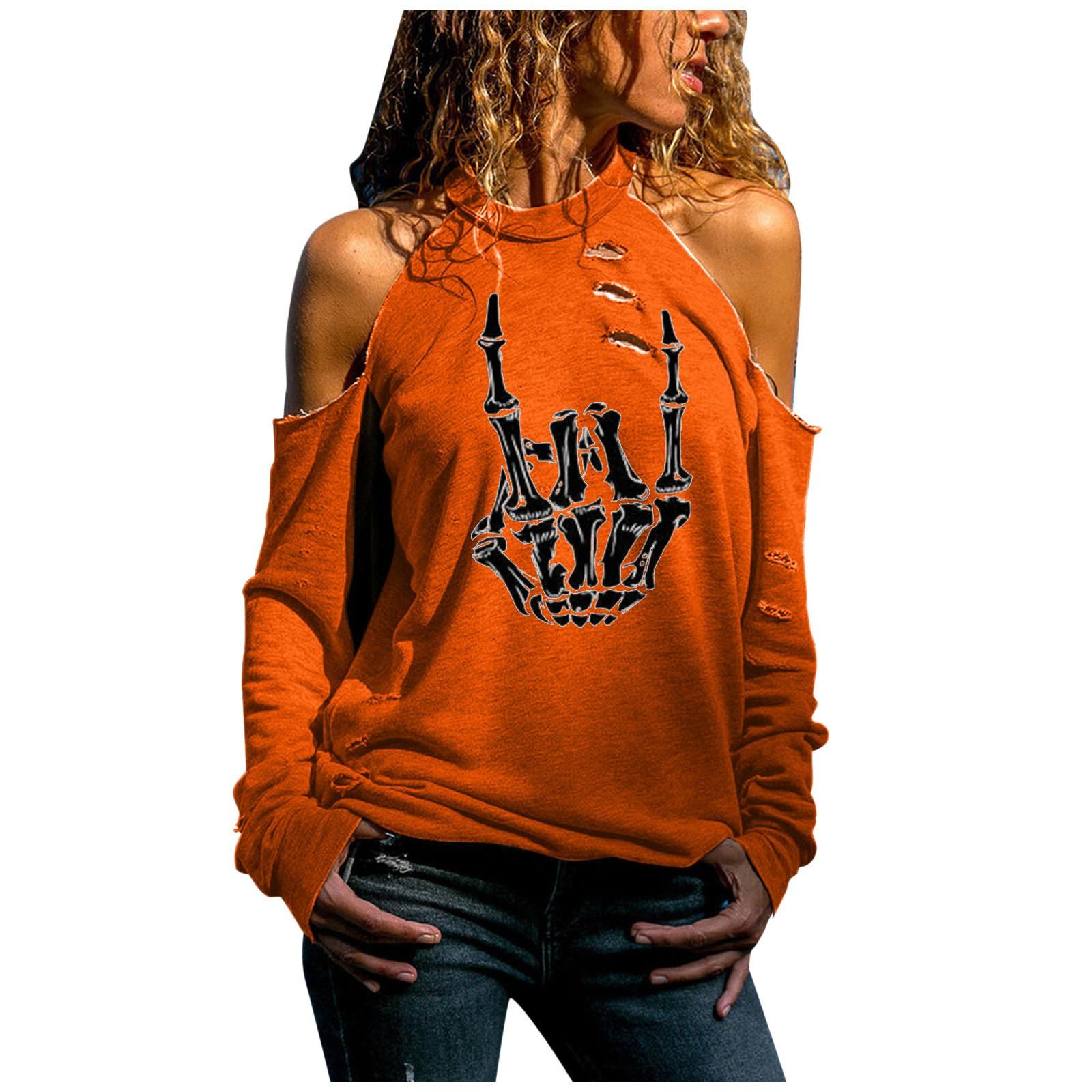 

Women Fashion Casual Halloween Print Off Shoulder Cutout Hollow Long Sleeve Top L помаранчевий