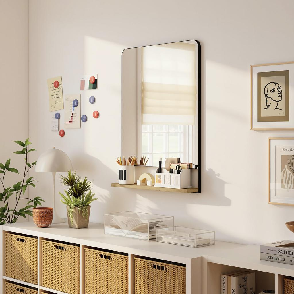 Wall Mirror with Wood Shelf - Black