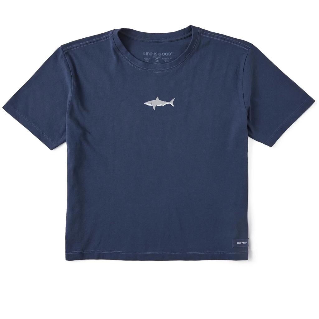 Het leven is goed.. Dames Clean Shark Korte Mouw Crusher Boxy T-shirt, Donkerste Blauw