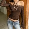 Melaleuca Brown One-Shoulder Lace Bell Sleeve Slim-Fit T-Shirt
