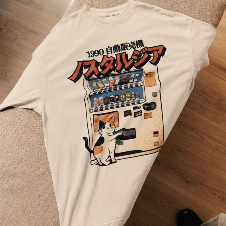 Japan Vending Machine Cat 90s Anime Shirt Harajuku Y2k Kawaii Japanese Streetwear Harajuku Y2k Grunge Unisex Unisex Streetwear Tops