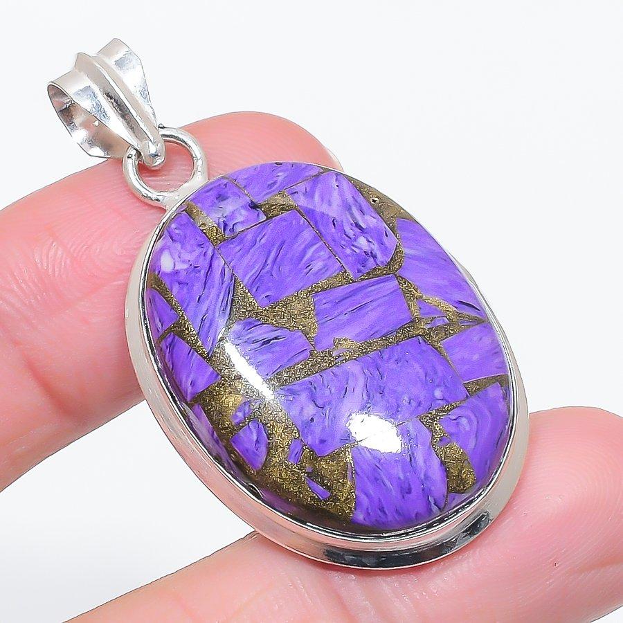 Natural Copper Charoite Gemstone 925 Sterling Silver Jewelry Pendant 1.93" I2j91