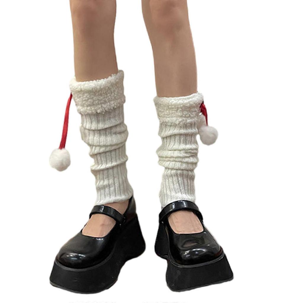 Ribbed Knit Leg Warmers Long Socks for Women Y2K Cute Furry Trim Plush Ball Bow Boot Cuffs Leg Cover Christmas Stockings White