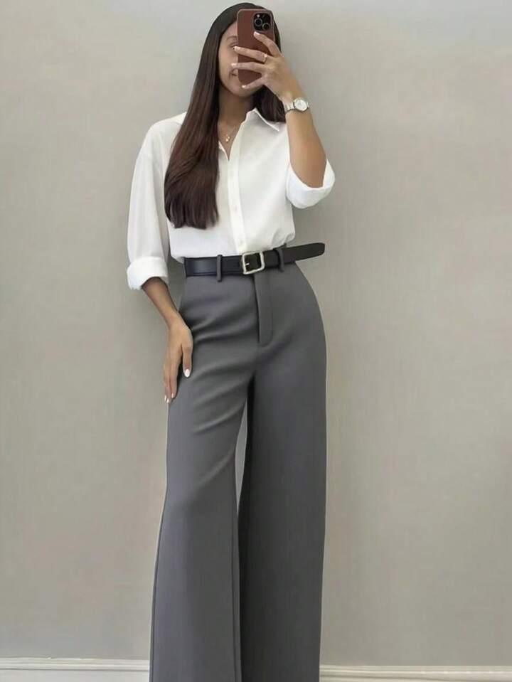 European Women s High-Waist Retro Wide-Leg Floor-Length Trousers Large
