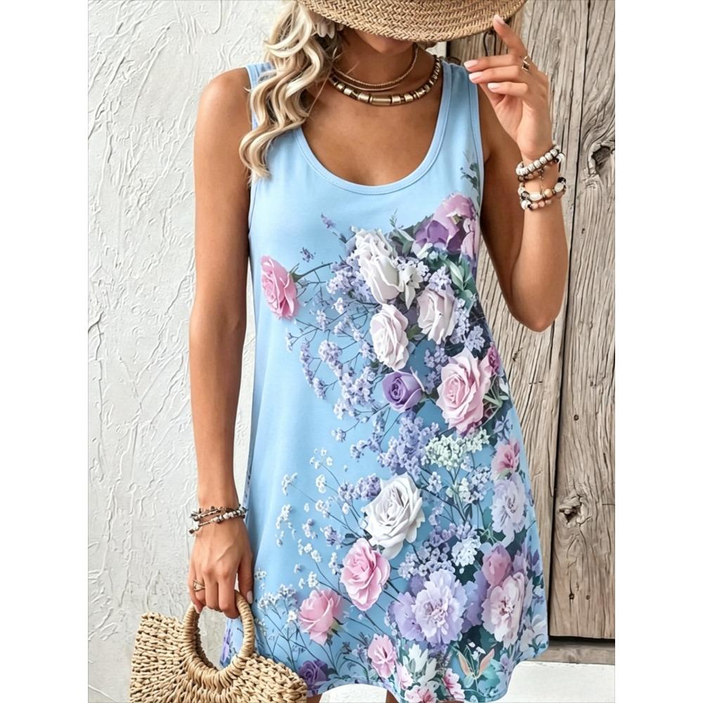 

Summer Women s Round-neck Sleeveless Loose Casual Vacation Flowers Dress Fashionable Comfortable Soft Breathable Mini Dress 8XL