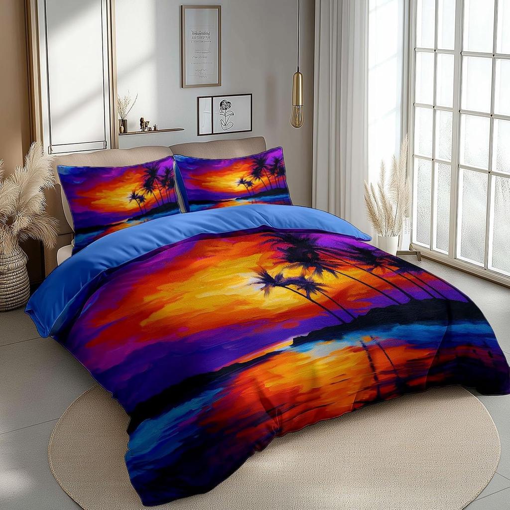 Coastal Anime Bedding Set 230x220cm With 2 Pillowcases 50x75cm Island Sunset Palm Tree Printed Quilt Cover Room