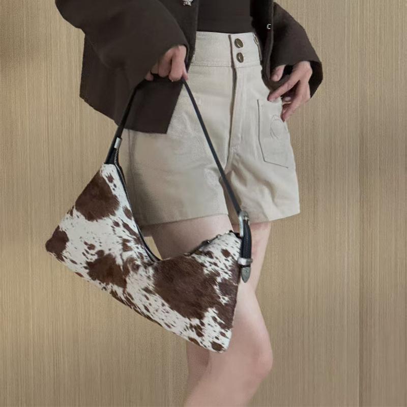 Vintage Leopard Print Underarm Bag Fashion Milk-patterned Horsehair Shoulder Bag Genuine Leather Adjustable Zipper Dumpling Bag