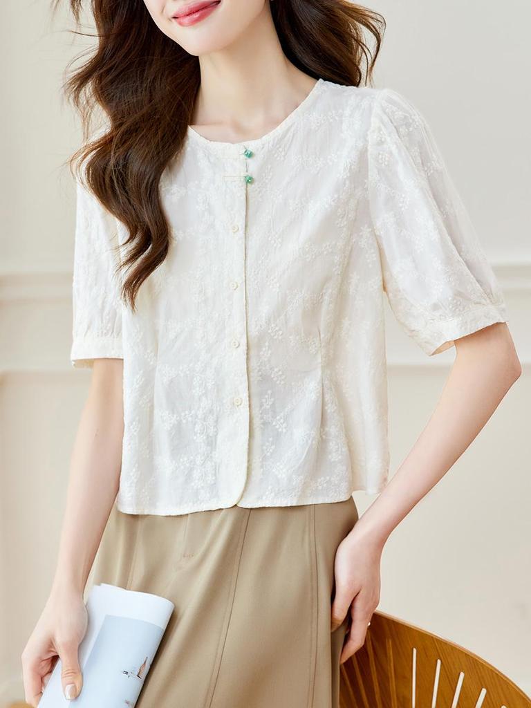 Women's Summer Embroidered Frog Button Cotton Shirt - New Chinese Style 2026
