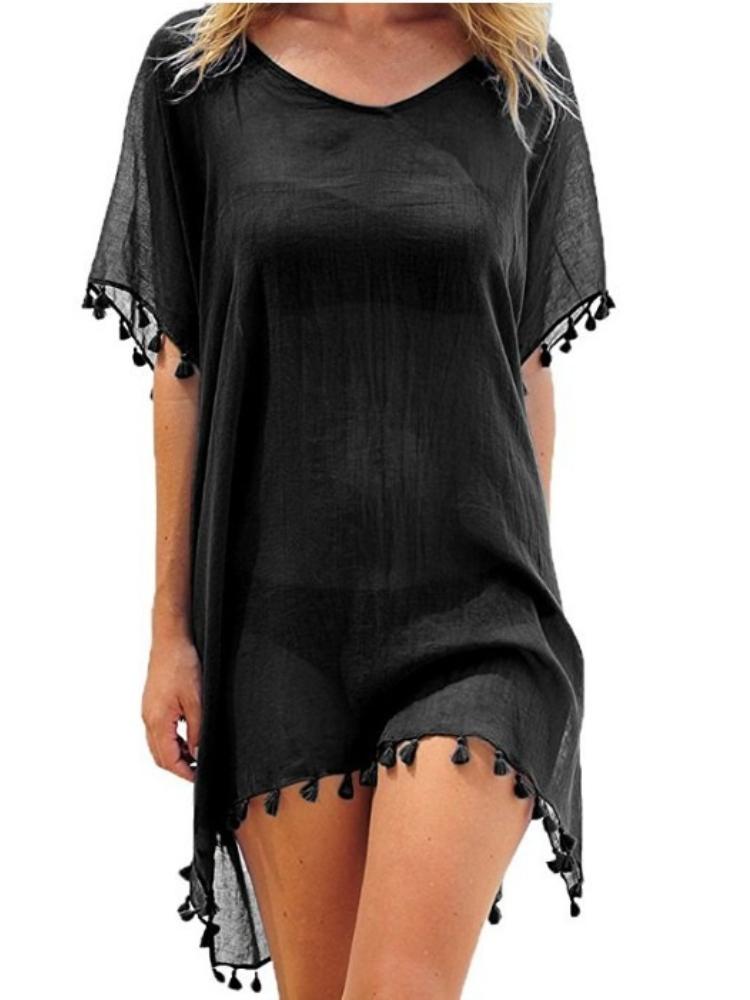 Women's Round-neck Loose Small Broom Fringed Chiffon Dress Beach Coverall Large Size Sexy in Stock