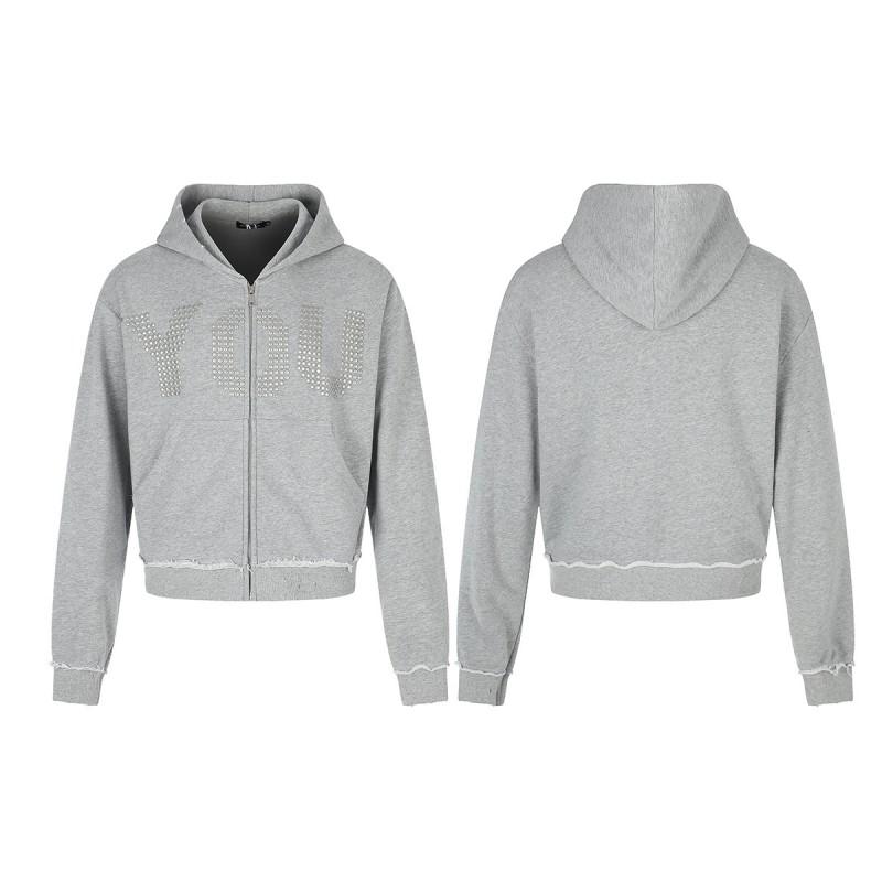 American Vintage Cropped Hooded Sweatshirt Men Casual Zip-Up Jacket With Rivets Loose Fit Teens