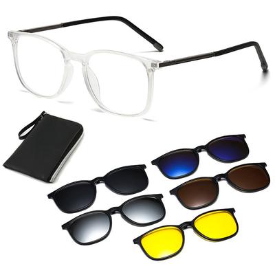 6 In 1 Spectacle Transparent Big Square Frame 5 PCS Clip On Polarized Sunglasses Magnetic Glasses Male Computer Optical 3309
